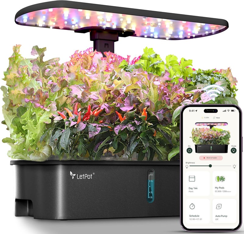 LETPOT Store أنظمة زراعة هيدروبونيك LPH-Air، حديقة داخلية ذكية تتحكم بها تطبيق وواي فاي مع ضوء نمو 24 واط طيف كامل، 10 حاويات للزراعة الداخلية كهدية، مطبخ، خضروات (أسود) - Image 1